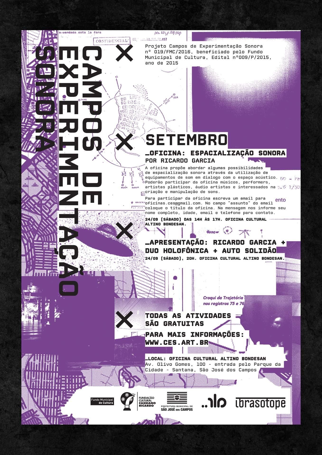 Um dos cartazes desenvolvidos, apresenta um fundo roxo com várias imagens de documentos sobre objetos voadores não identificados. As informações do cartaz aparecem sobre essa colagem de imagens.