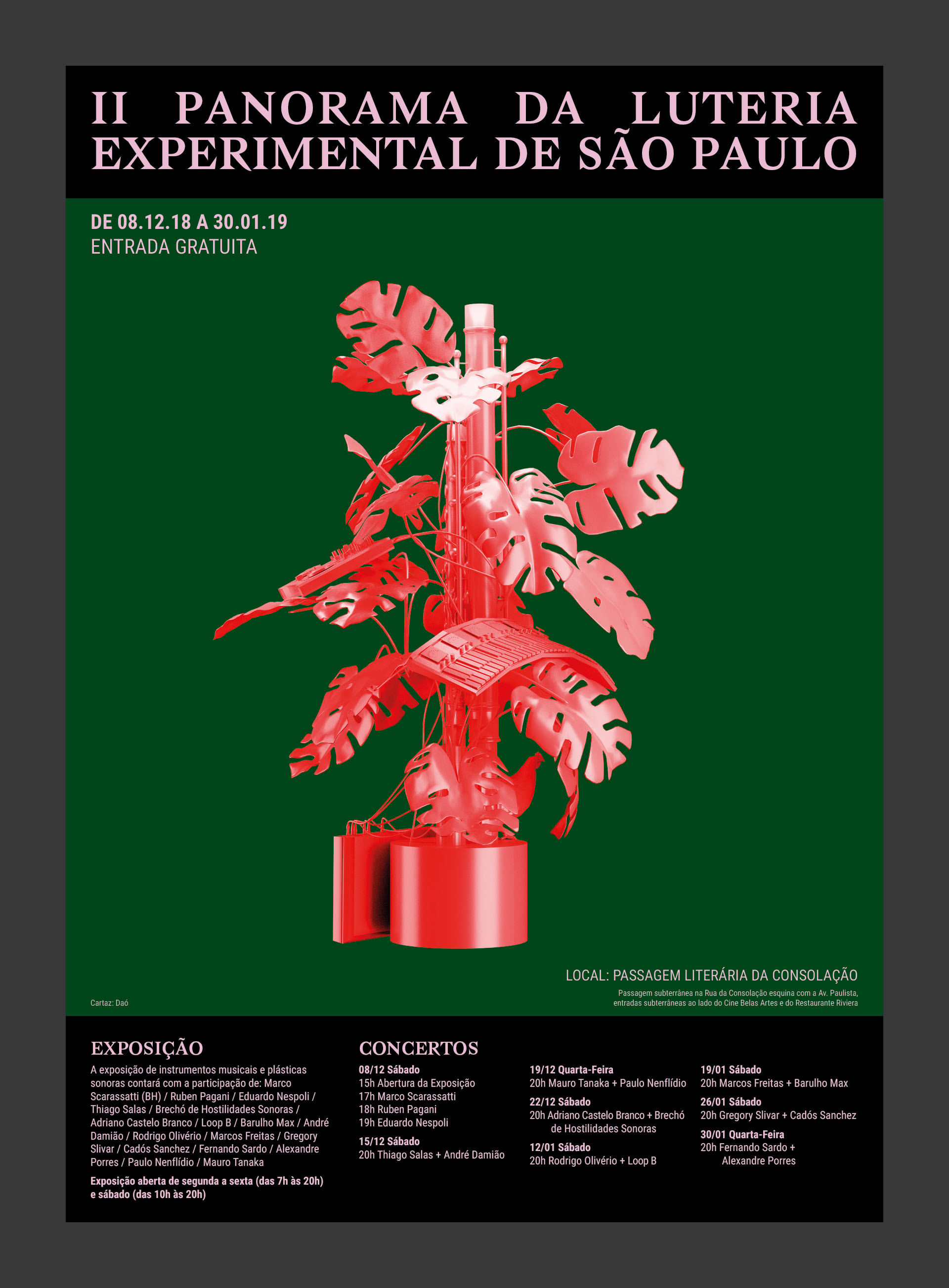 Cartaz com instrumento músical imaginário criado com um vaso de planta, sintetizadores, flauta e uma galinha.